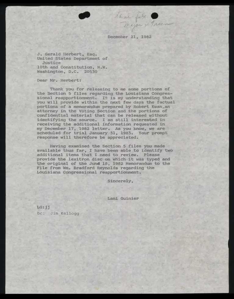 Correspondence from Guinier to Hebert (DOJ) preview