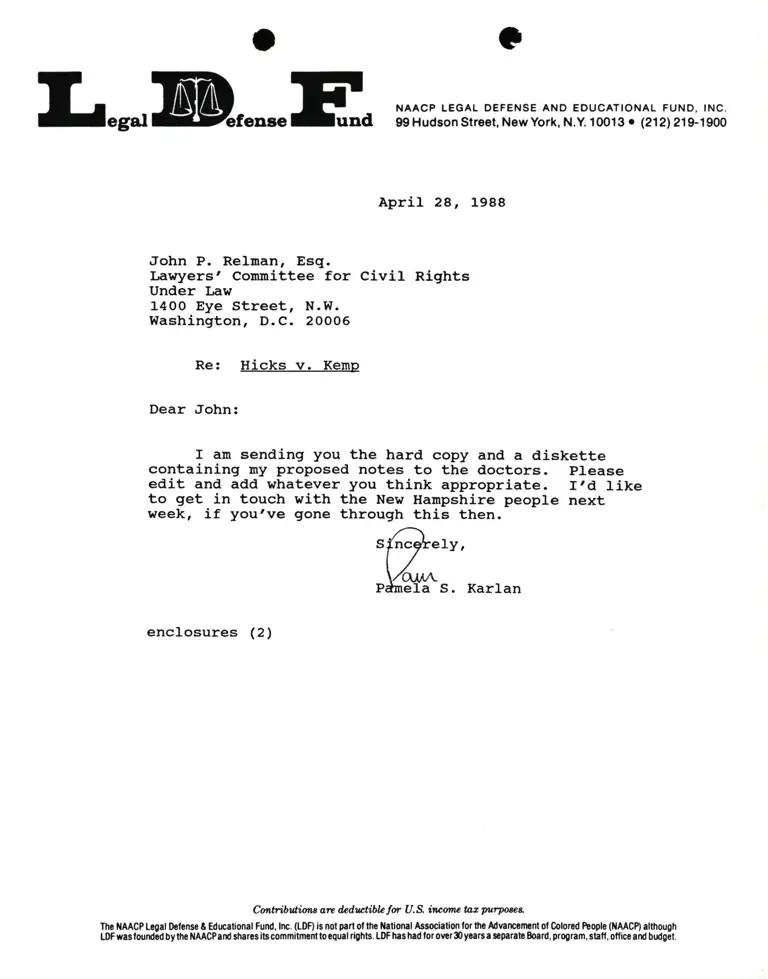 Correspondence from Pamela Karlan to John P. Relman, Esq. Re Hicks v. Kemp preview