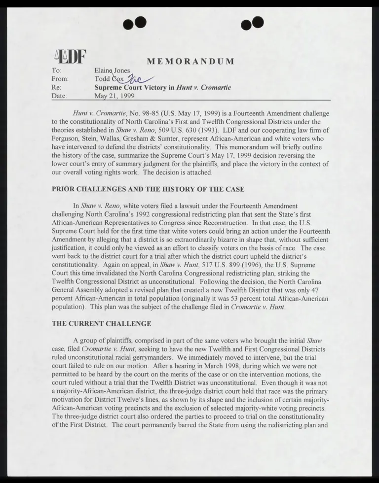 Memo to Jones from Cox RE: Supreme Court Victory in Hunt v. Cromartie preview