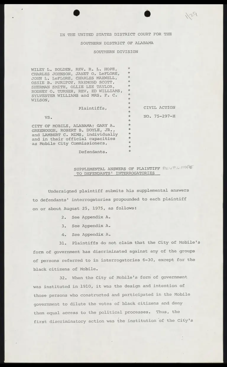 Supplemental Answers of Plaintiff Rev. R. L. Hope to Defendants' Interrogatories preview