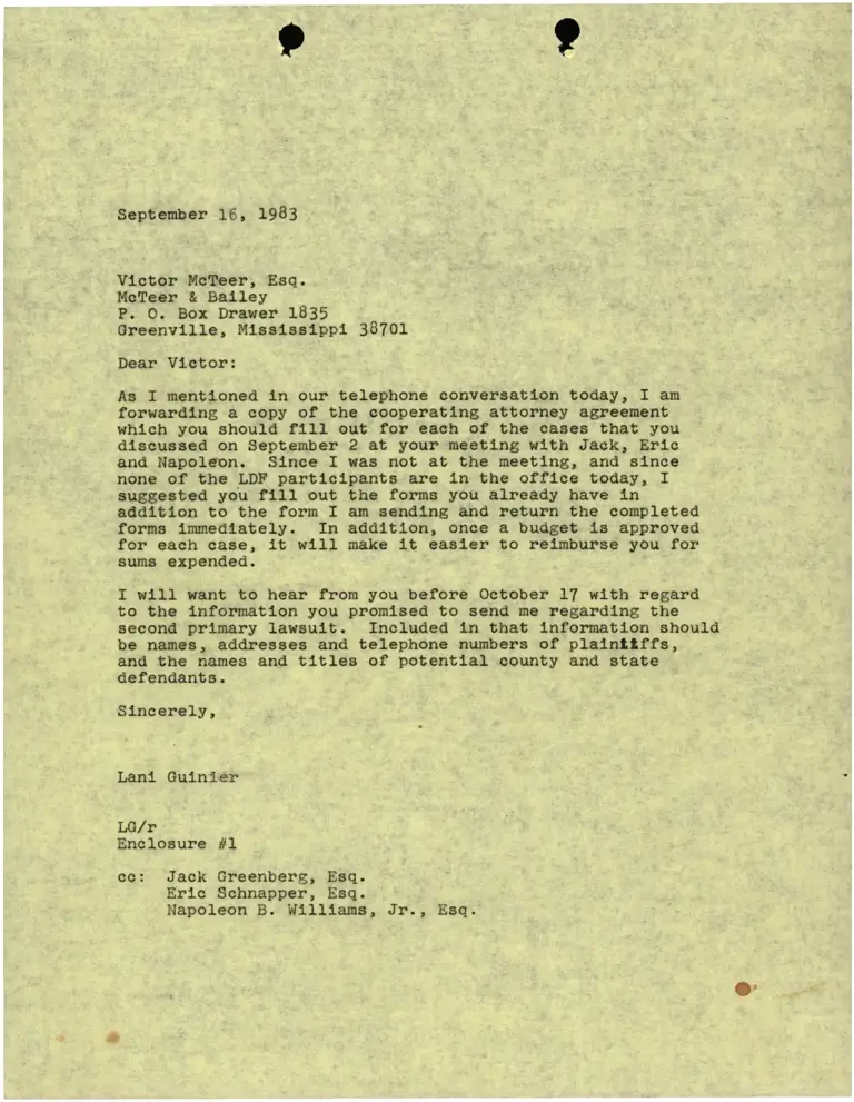 Correspondence from Lani Guinier to Victor McTeer, sq. Re: Mississippi Voting Rights preview