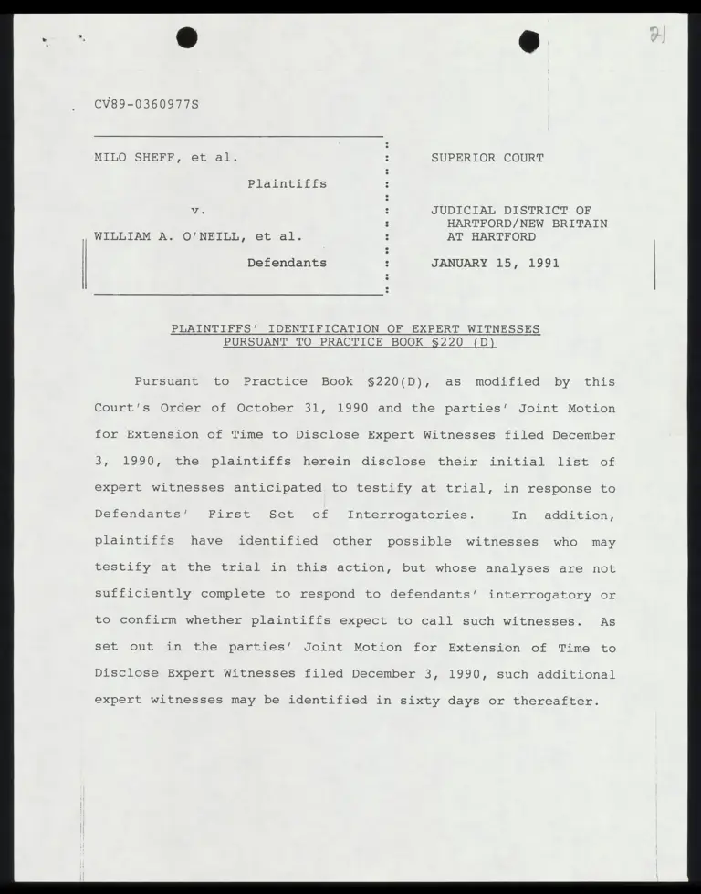 Plaintiffs' Identification of Expert Witnesses Pursuant to Practice Book 220 (D) preview