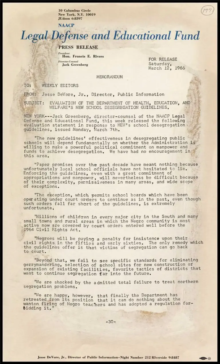 Memorandum on Evaluation of HEW's New School Desegregation Guidelines preview