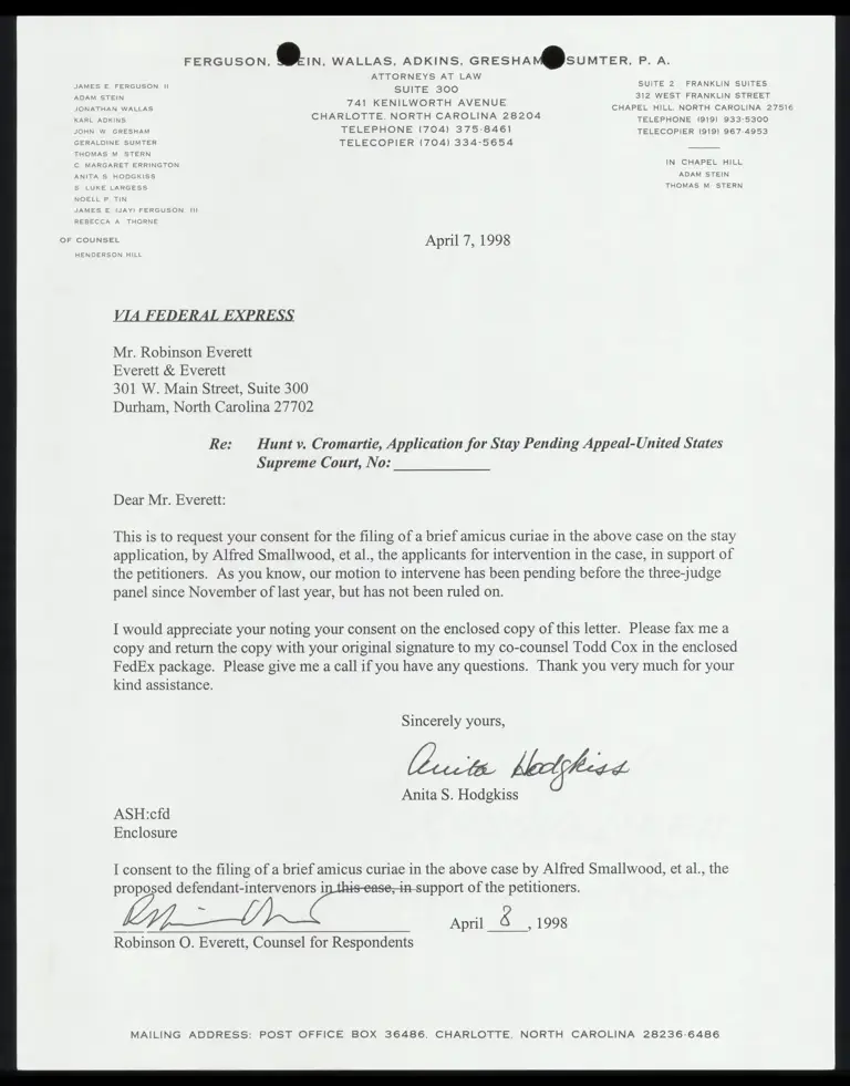 Letter to Everett From Hodgkiss RE: Consent for Filing Amicus Curiae On Stay Application In Support of the Petitioners preview