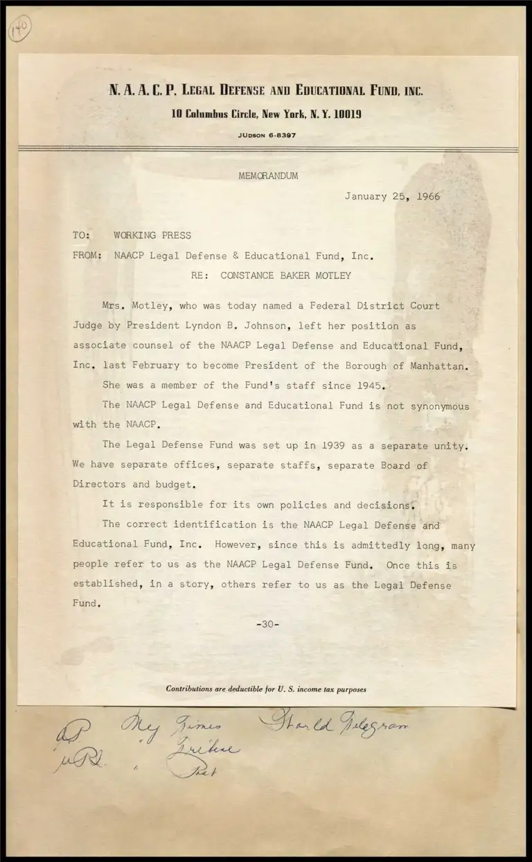 Memorandum re: Constance Baker Motley preview