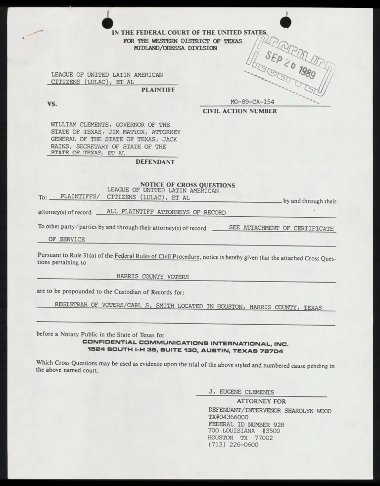 Notice of Cross Questions; Cross-Interrogatories preview