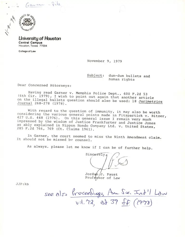 Correspondence from Jordan J. Paust to Walter L. Bailey preview