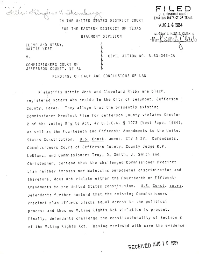Nisby v. Commissioners Court of Jefferson County Findings of Fact and Conclusions of Law preview