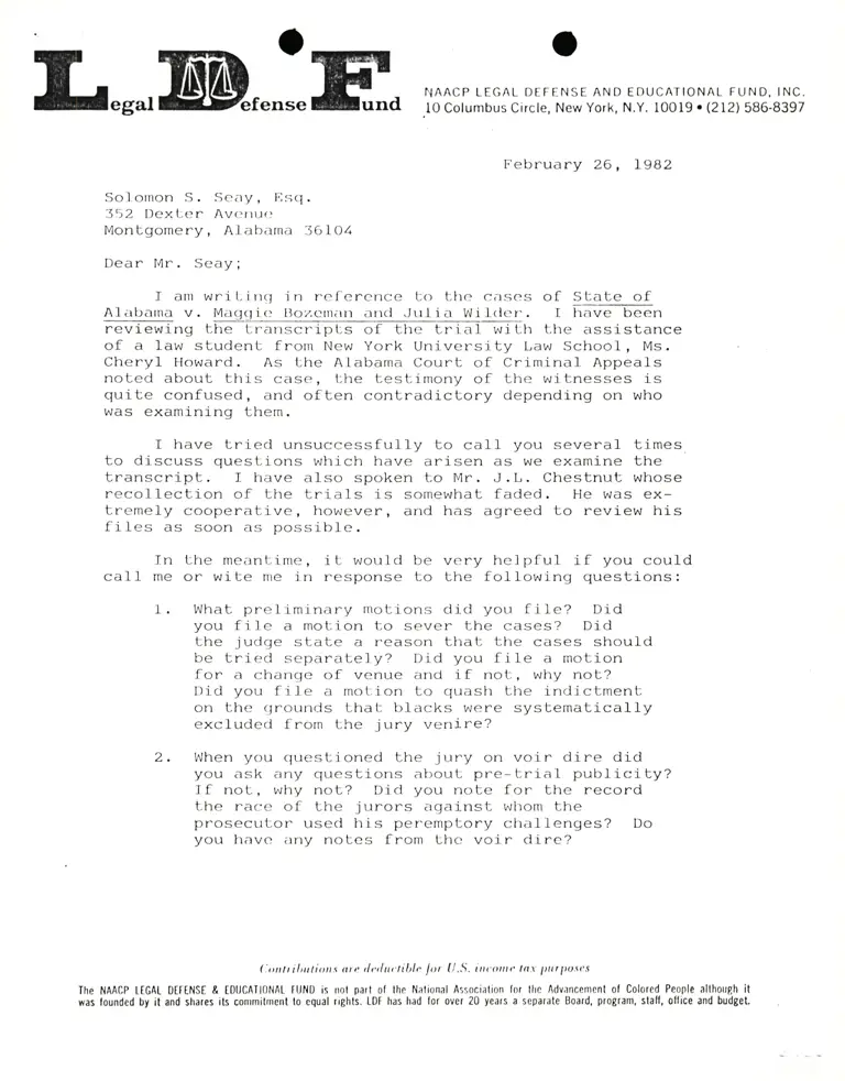 Letter from Lani Guinier to Solomon Seay Esq. RE: Questions About Testimony in State of Alabama v. Maggie Bozeman and Julia Wilder preview