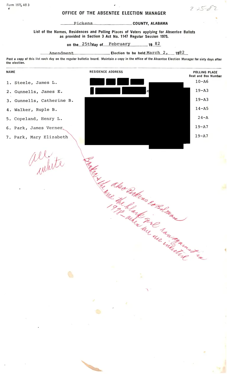 Pickens County List of Absentee Voters; Envelopes (Redacted) preview