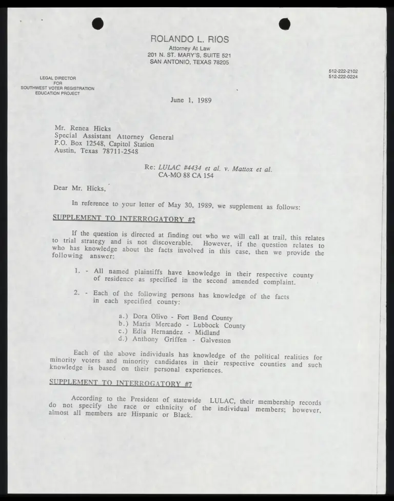 Correspondence from Rios to Hicks Re: Supplements to Interrogatories; LULAC Certificate preview