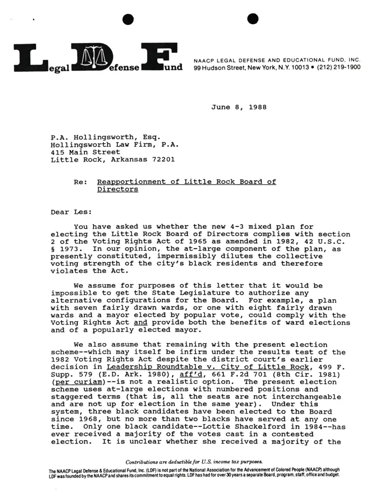 Correspondence from Lani Guinier, Ronald L. Ellis, and Pamela Karlan to P.A. Hollingsworth, Esq. Re Reapportionment of Little Rock Board of Directors preview
