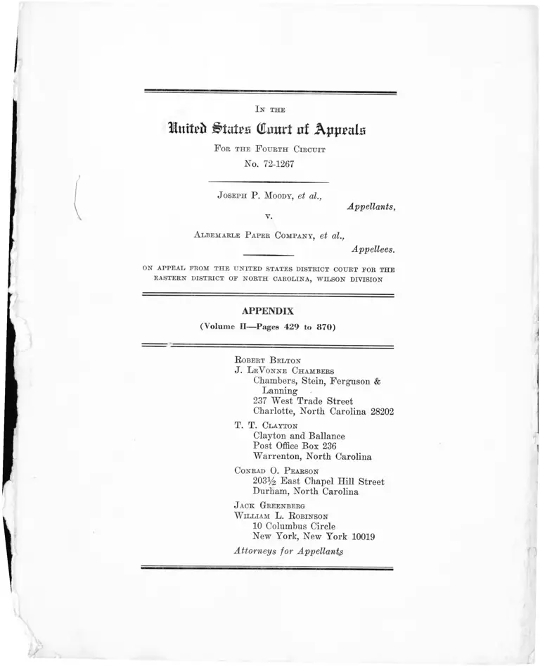 Moody v. Albemarle Paper Company Appendix Vol. II preview
