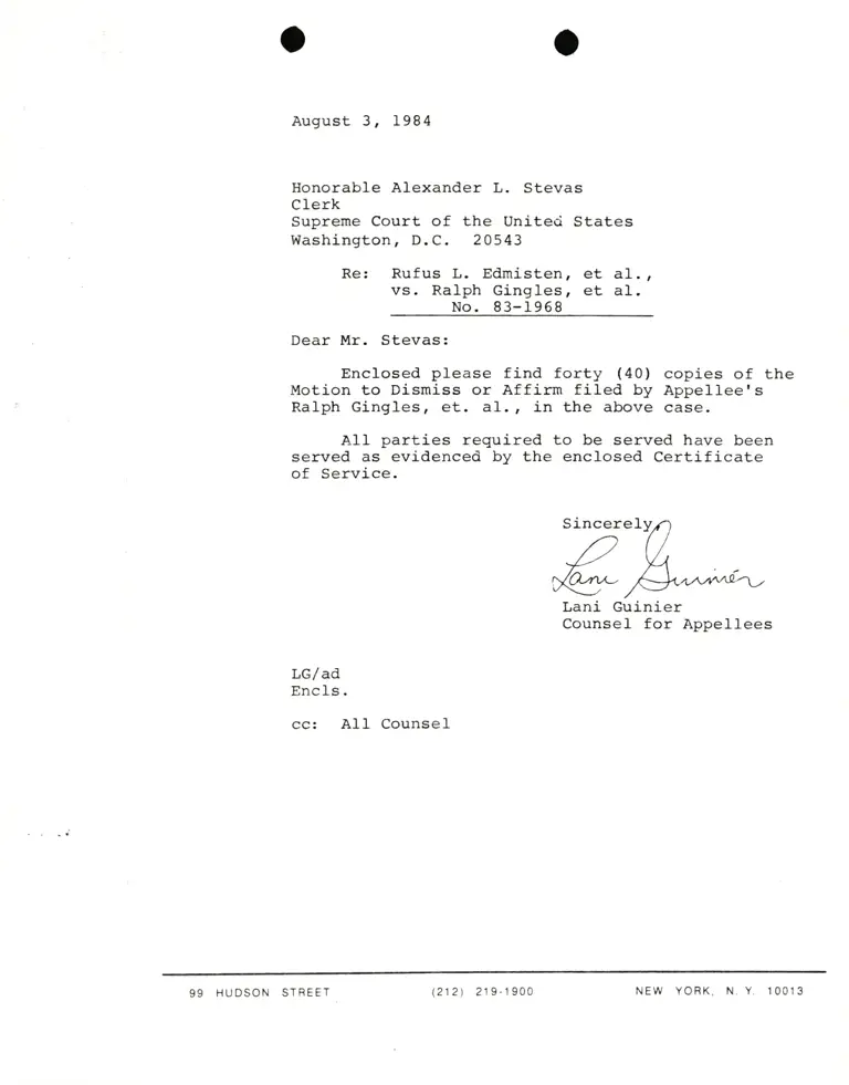 Letter from Lani Guinier to Hon. Alexander Stevas RE: Edmisten v. Gingles Motion to Dismiss or Affirm preview