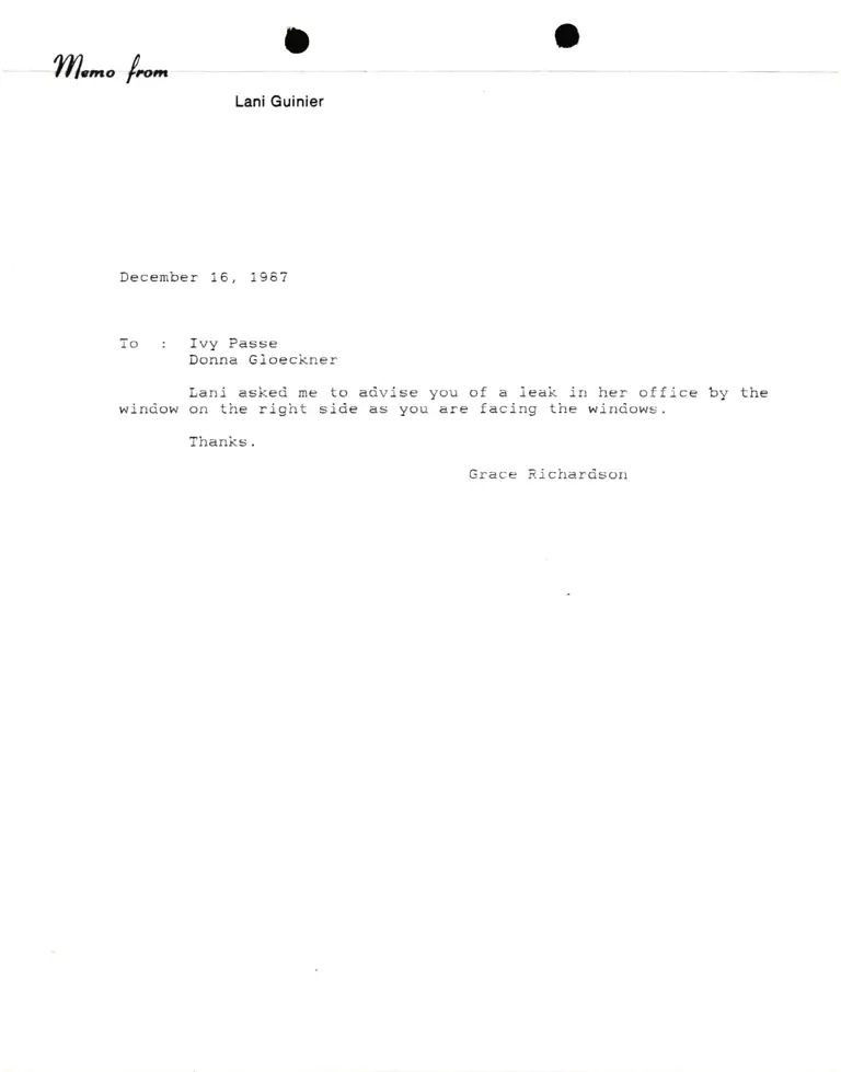 Memorandum from Grace Richardson to Ivy Passe and Donna Gloeckner preview