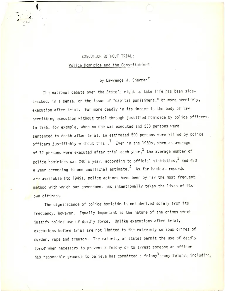 Execution Without Trial: Police Homicide and the Constitution Paper by Lawrence W. Sherman preview