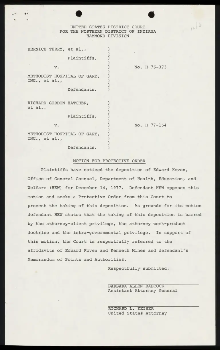 Motion and Memorandum of Points and Authorities for Protective Order; Order; Notice of Appearance; Affidavits; Notices to Take Depositions preview