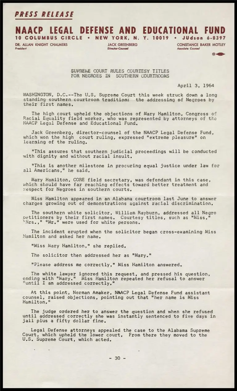 Supreme Court Rules Courtesy Titles for Negroes in Southern Courtrooms preview