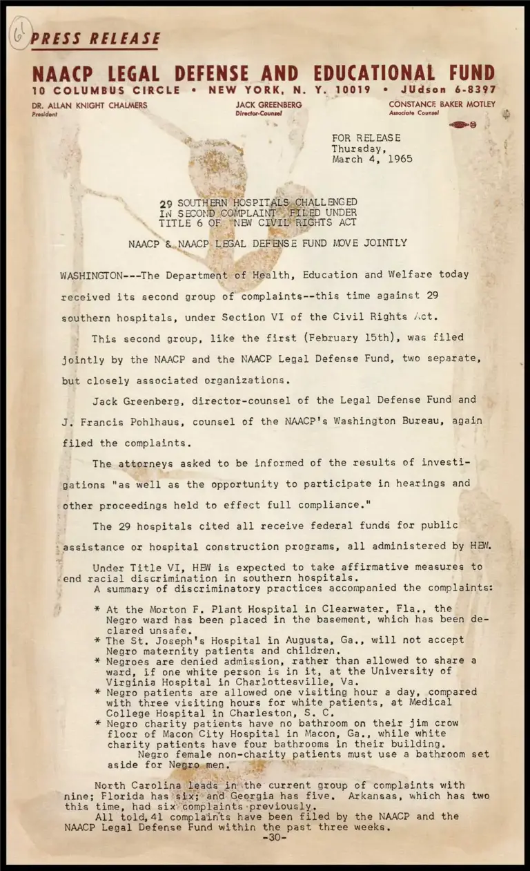 29 Southern Hospitals Challenged in Second Complaint Filed Under Title 6 of New Civil Rights Act preview