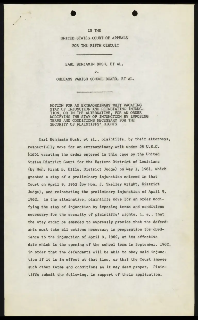 Motion for an Extraordinary Writ Vacating Stay of Injunction and Reinstating Injunction preview