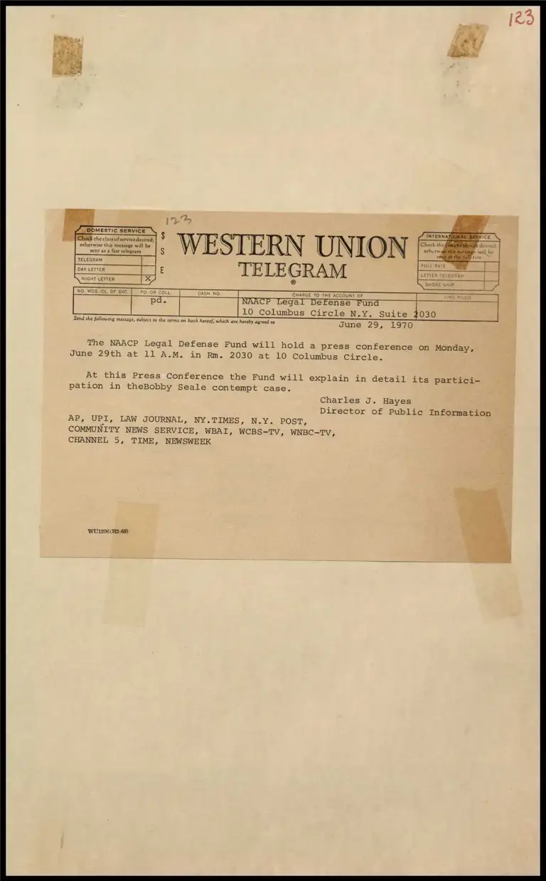 Press Conference to be Held on Bobby Seale Contempt Case (Telegram) preview