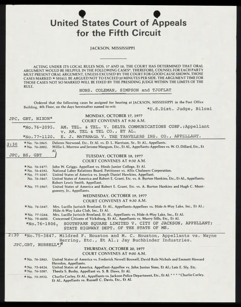 US Court of Appeals for the Fifth Circuit Oral Argument Schedule preview