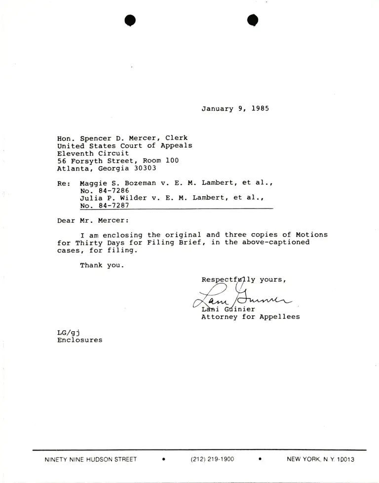 Correspondence from Lani Guinier to Spencer D. Mercer (Clerk) Re: Bozeman v. Lambert and Wilder v. Lambert preview