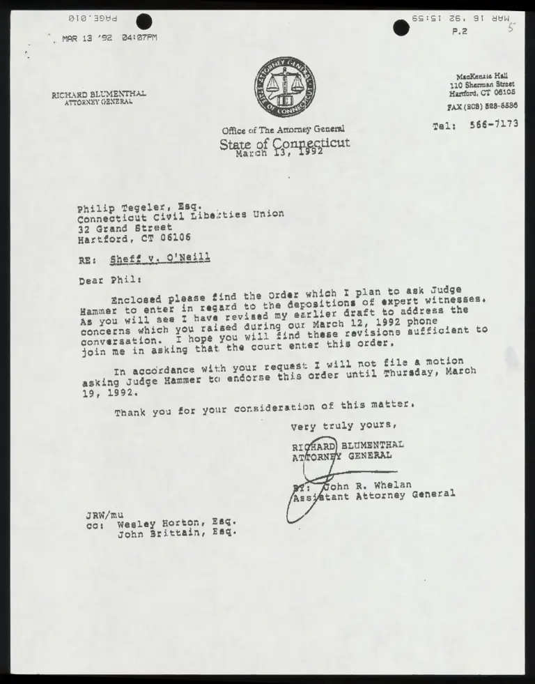 Correspondence from Whelan to Tegeler with Proposed Order preview