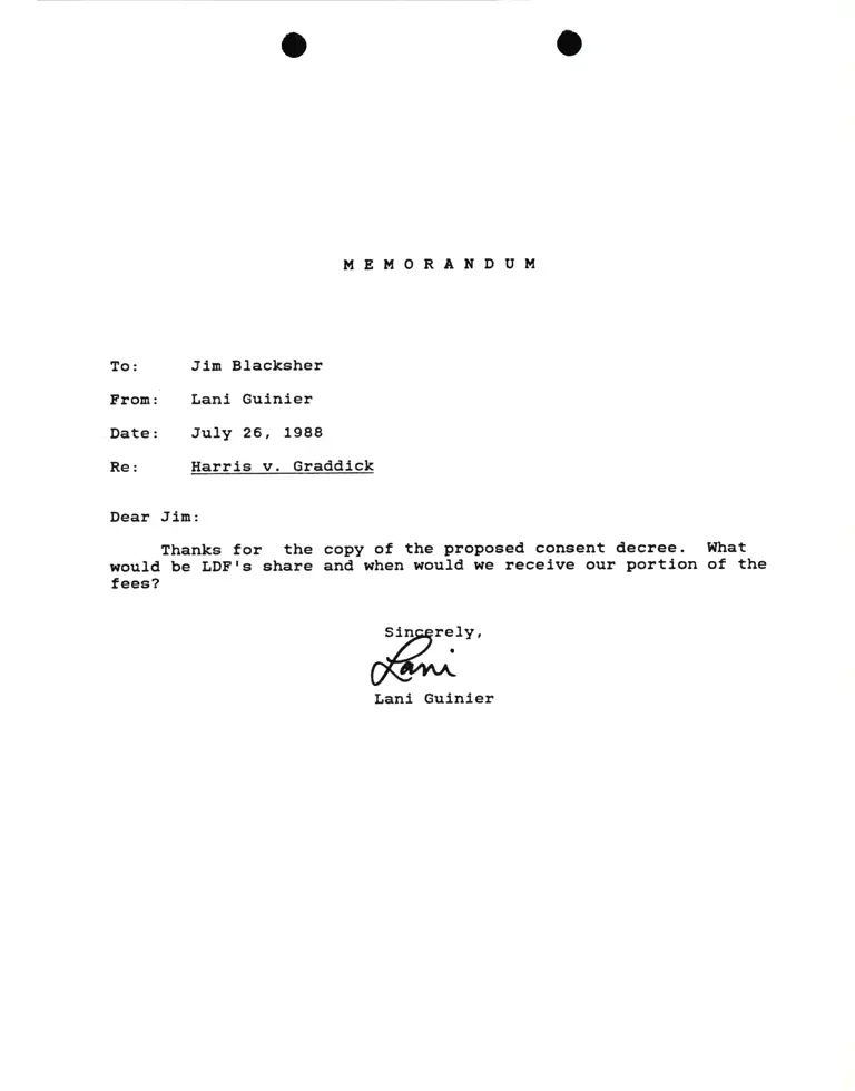 Memorandum from Lani Guinier to Jim Blacksher Re Harris v. Graddick preview