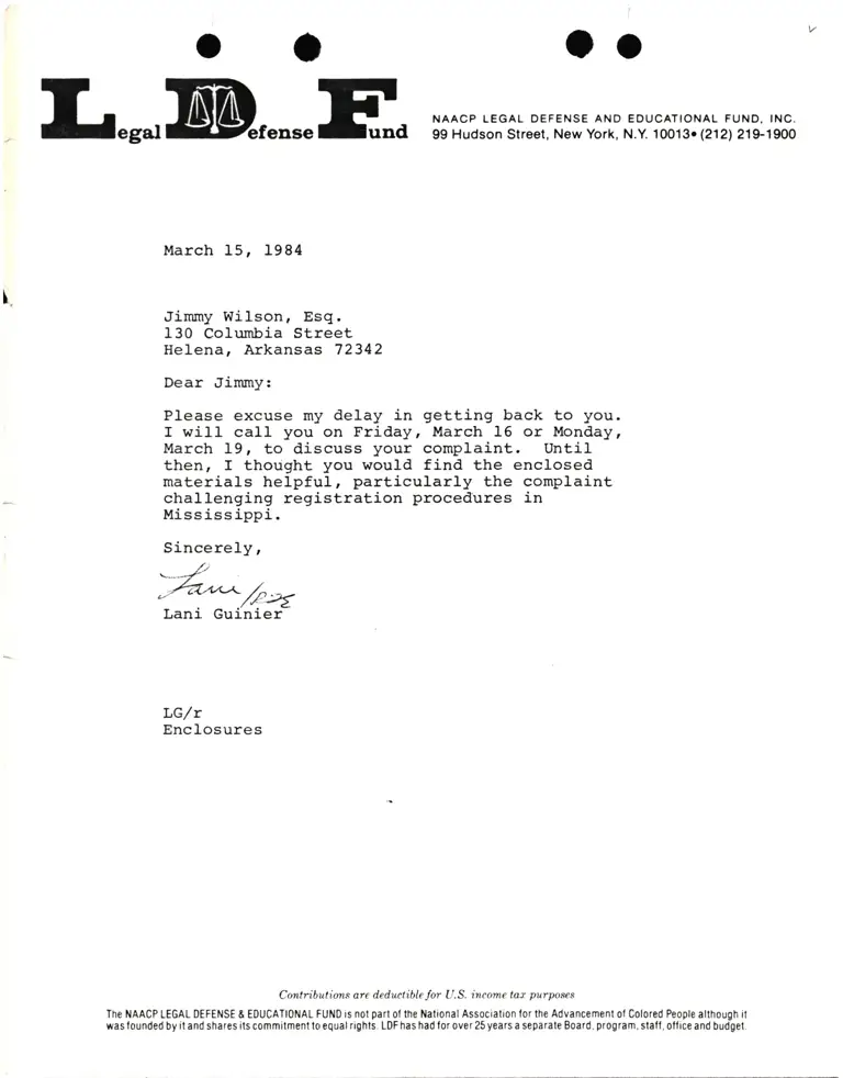 Letter from Lani Guinier to Jimmy Wilson preview