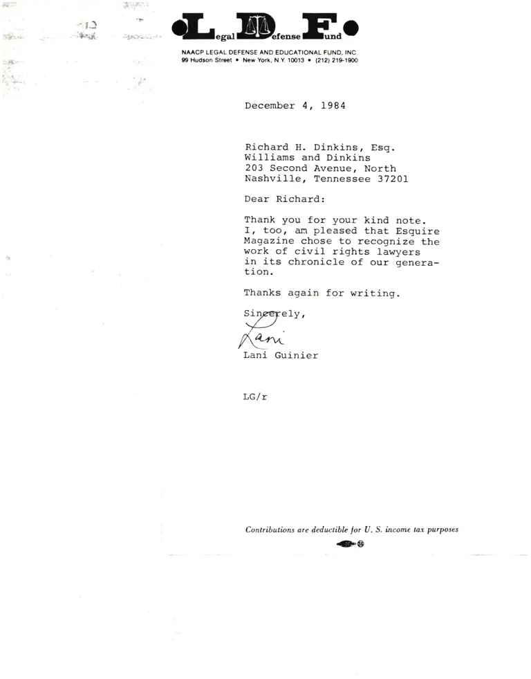Letter from Lani Guinier to Richard H. Dinkins Esq. RE: Esquire Article preview