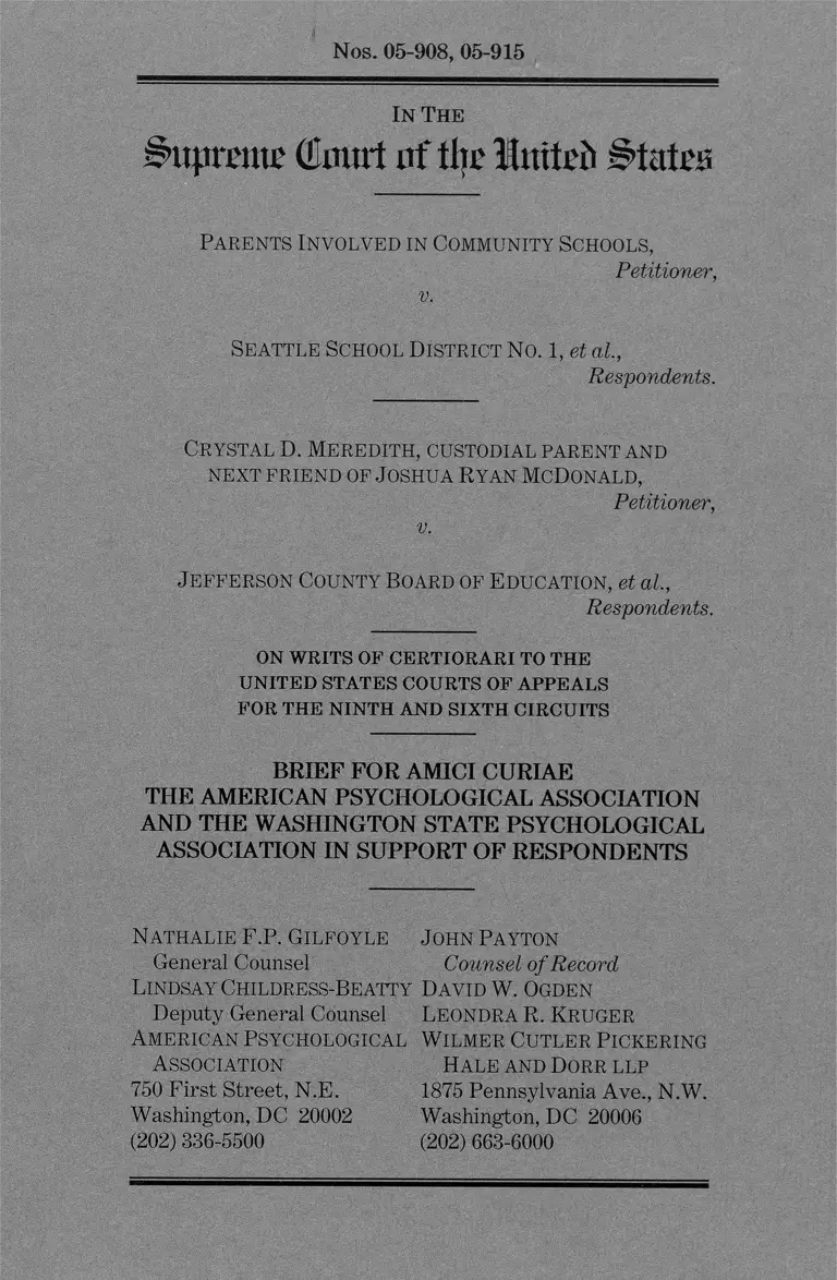 Parents Involved in Community Schools v. Seattle School District No. 1 Brief for Amici Curiae preview