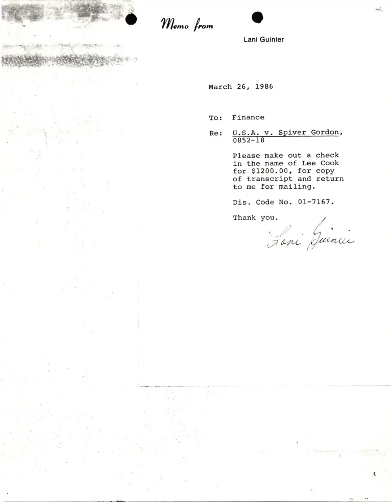 Memorandum from Lani Guinier to Finance Re Spiver Gordon v. United States preview