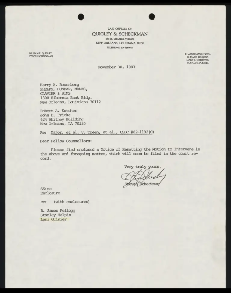 Correspondence from Scheckman to Rosenburg and Kutcher; Notice of Re-Setting Motion to Intervene preview