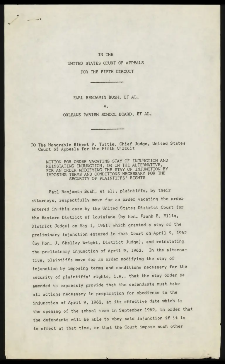 Motion for Order Vacating Stay of Injunction and Reinstating Injunction preview