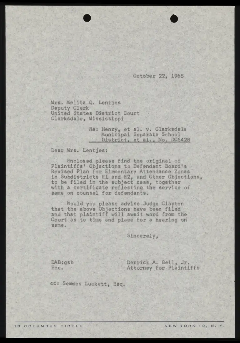 Correspondence from Bell to Clerk Re: Objections to Revised Plan preview