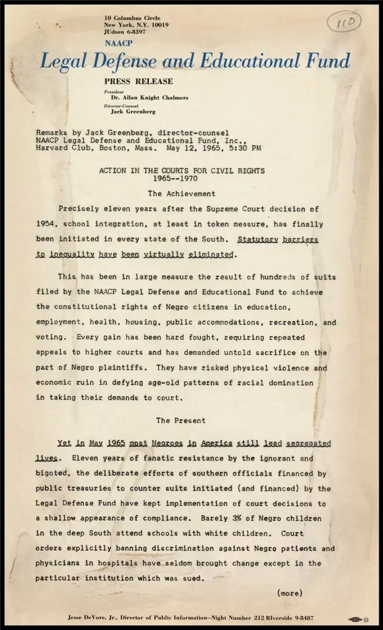 Greenberg Speech at Harvard Club, Boston - "Action in the Courts for Civil Rights, 1965-1970" preview