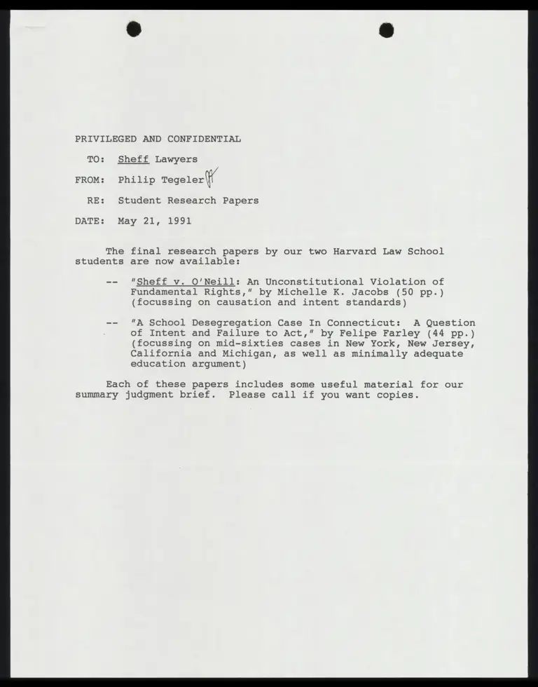 Correspondence from Tegeler to Counsel Re: Student Research Papers; Memo from Tegeler to File Re: Alice Dickens Interview preview