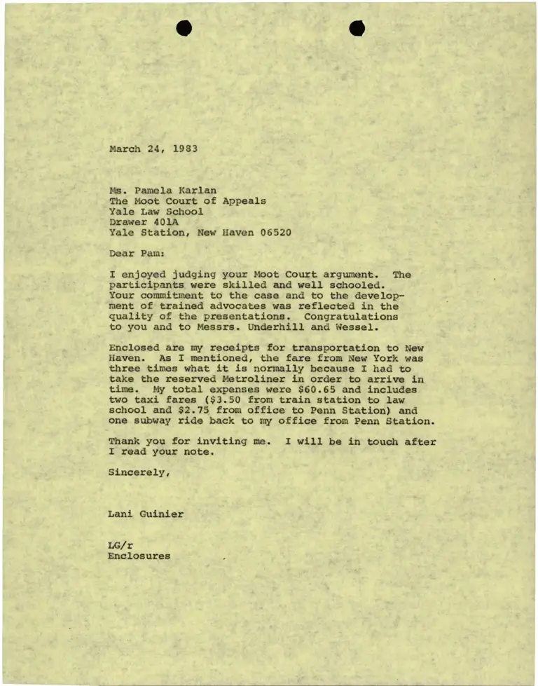 Correspondence from Lani Guinier to Pamela Karlan (Yale Law School) preview