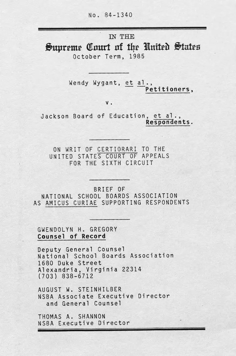 Wygant v. Jackson Board of Education Brief Amicus Curiae in Support of Respondents preview