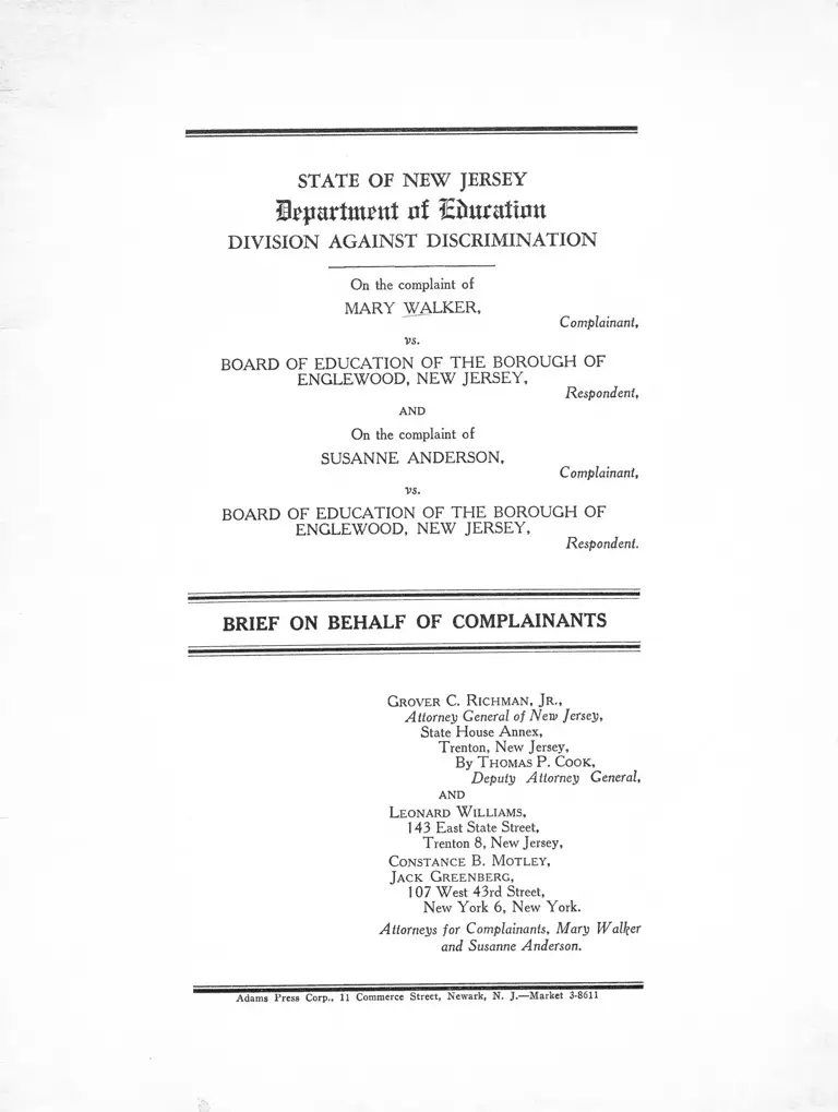 Walker v. Englewood New Jersey Board of Education Brief on Behalf of Complaintants preview