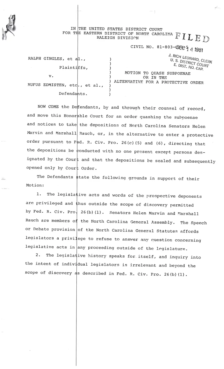 Motion to Quash Subpoenae or in the Alternative for a Protective Order preview