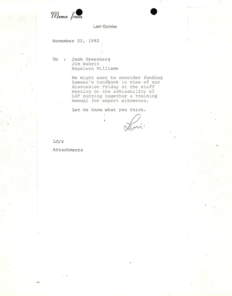 Memo from Lani Guinier to Jack Greenberg, Jim Nabrit, and Napoleon Williams preview
