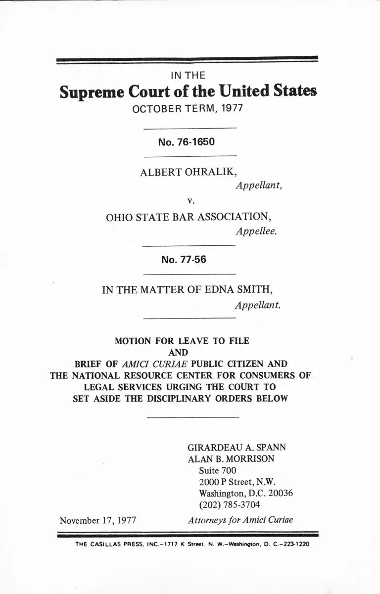 Ohralik v. Ohio State Bar Association Motion for Leave to File and Brief of Amici Curiae preview