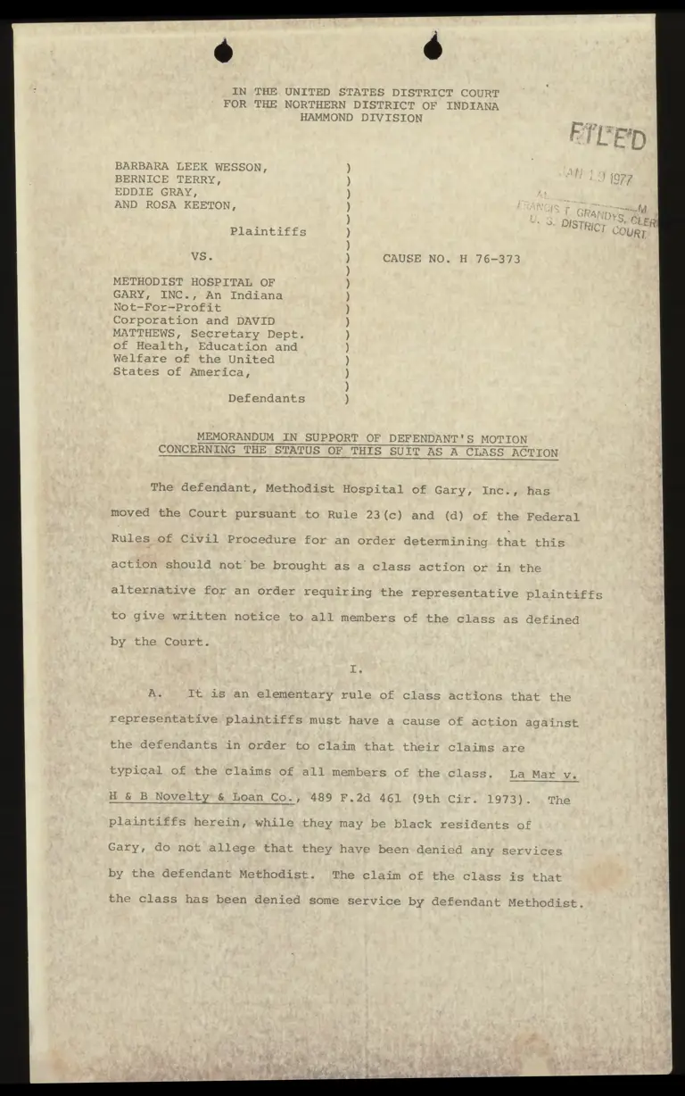 Memorandum in Support of Defendants' Motion RE: Class Action Status preview