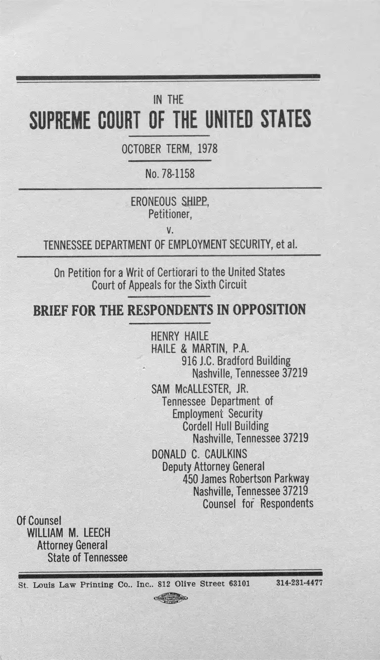 Shipp v TN Department of Employment Security Respondents in Opposition preview