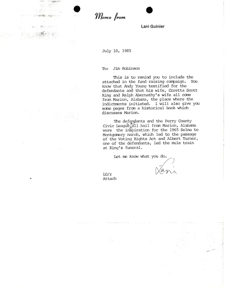 Memorandum from Lani Guinier to Jim Robinson Re: Marion, Alabama preview