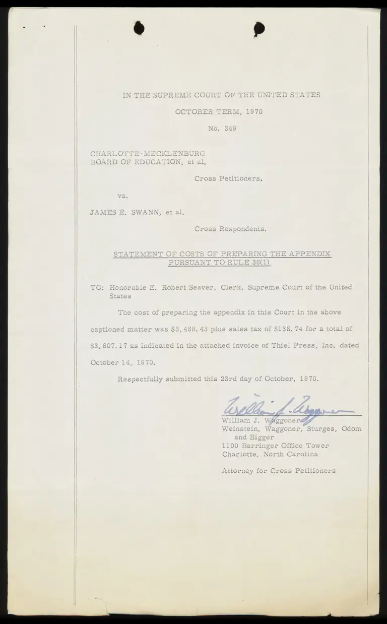 Statement of Costs of Preparing the Appendix Pursuant to Rule 36(1) preview