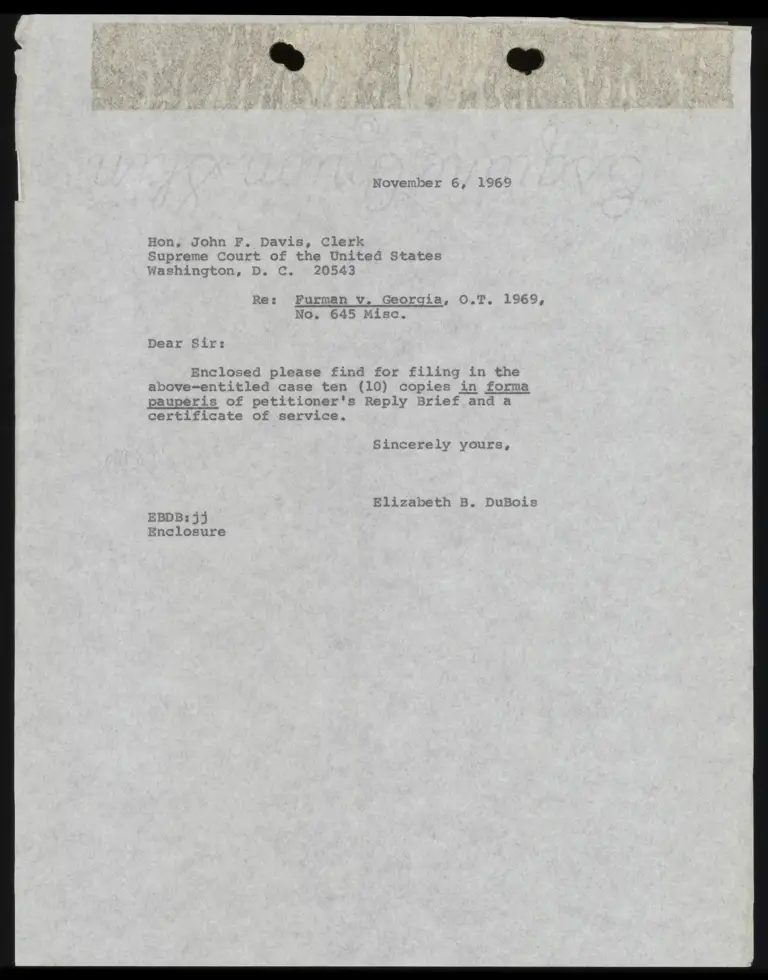 Correspondence from DuBois to Clerk preview