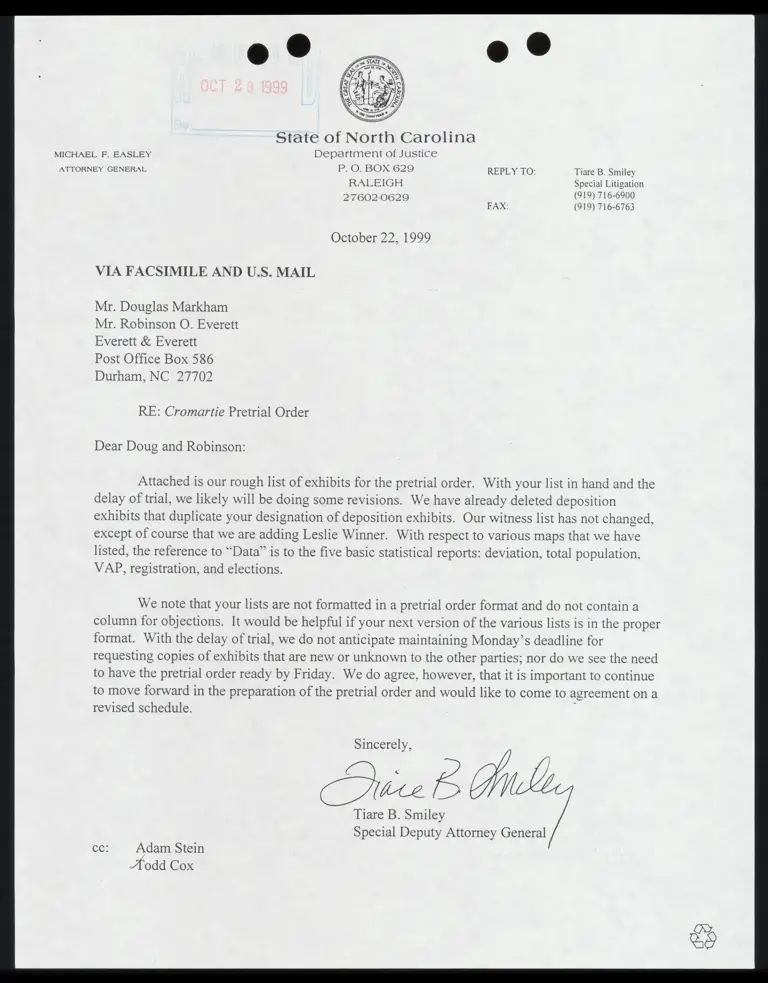 Letter to Markham from Smiley RE: Pretrial Order preview